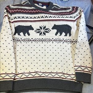 Lands' End Cream and Gray Bear Pattern Sweater Size XL
